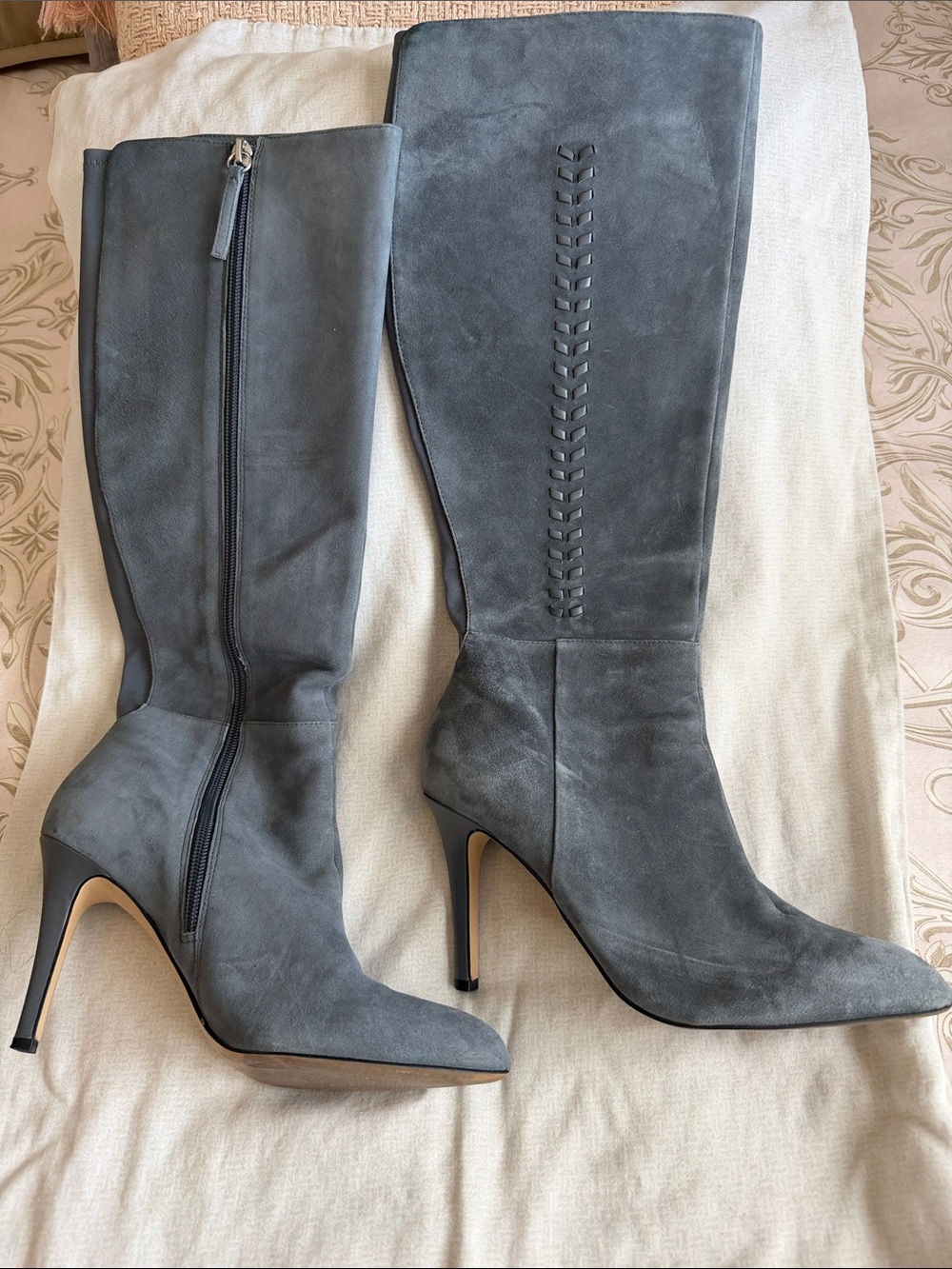 White House Black Market Gray Suede Knee-High Stiletto Boots